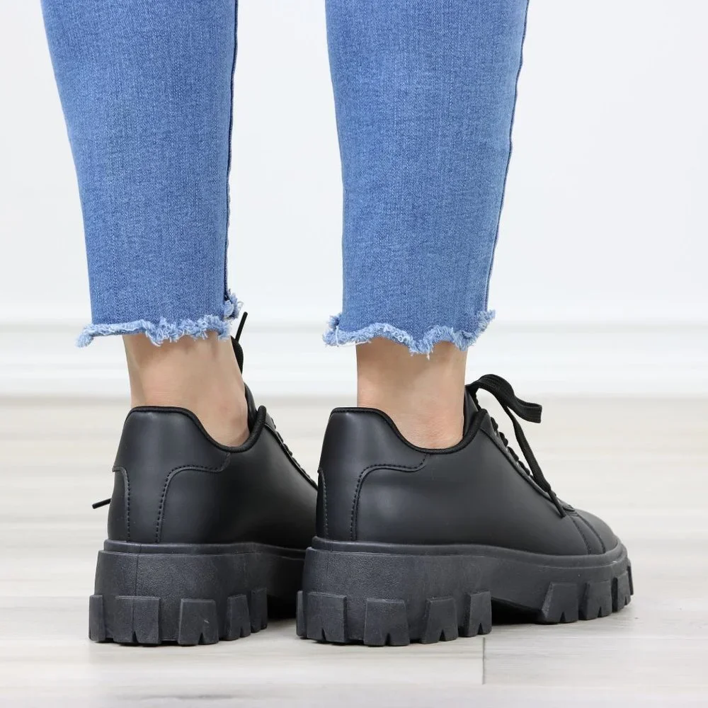 Black Chunky Lace-Up Lug Sole Oxford Platform Women's Shoes - Picture 6 of 12